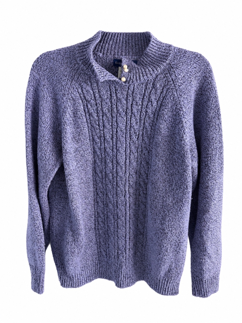 Karen Scott Lavender-Blue Cable Knit Mock Neck Sweater with Pearl Buttons Size M